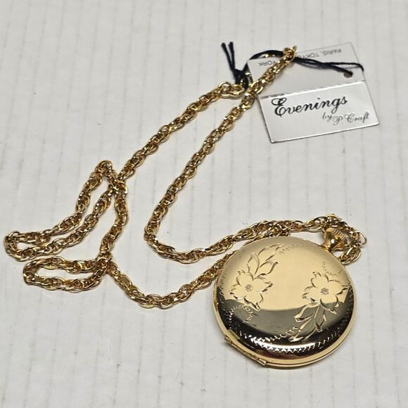 Vintage 80s Gold Tone Floral Locket Pendant Necklace By Evenings P. Craft NWT - Picture 9 of 9